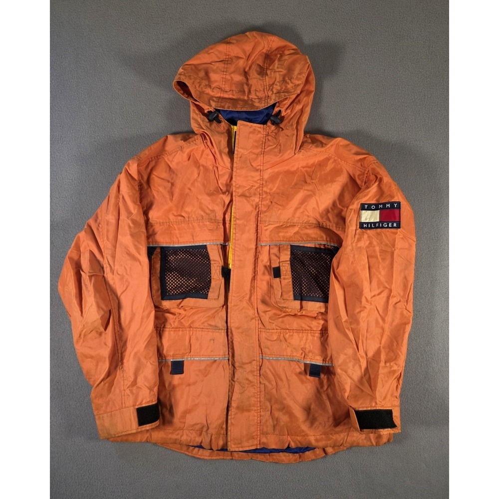Vintage Tommy Hilfiger Jacket Mens Large Orange Sailing Cargo Expedition Flag